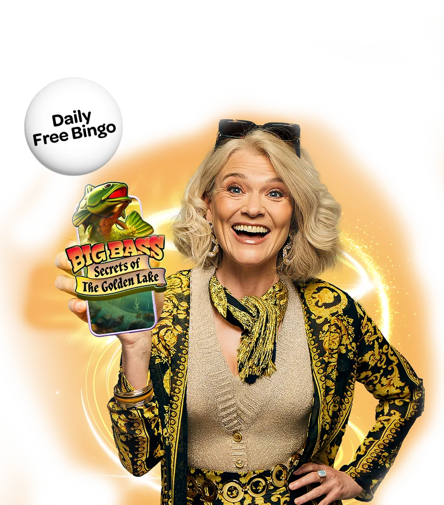 Woman holding phone playing Big Bass Vegas